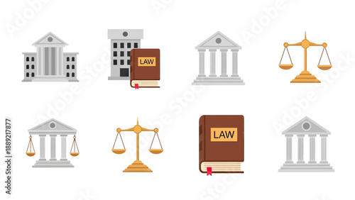Law and Justice Symbols Collection: Courtrooms, Scales of Justice, and Law Books