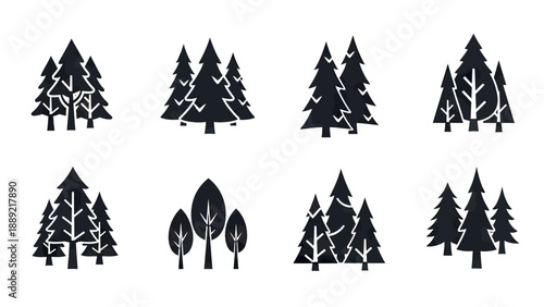 Set of stylized pine and deciduous trees in dark silhouette