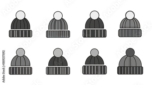 Set of Winter Beanies with Pom-Pom, Gray Tones