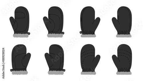 Set of Black Winter Mittens with Fur Trim, Multiple Views