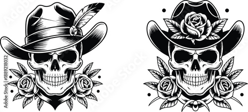 Vintage cowboy skull illustration with roses and western hat, monochrome gothic tattoo style vector design for apparel, posters, logos, and branding