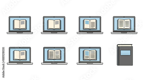 Digital Library Icons: Laptops Displaying Books and a Closed Book Icon