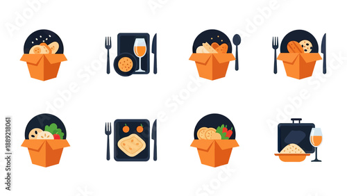 Food Delivery Icons Set: Meal Boxes and Dining Arrangements