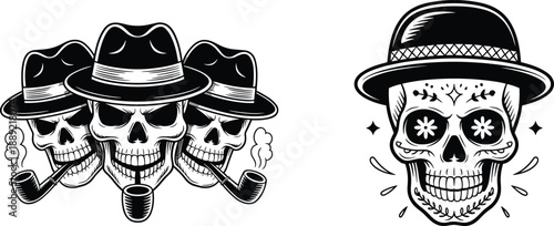 Vintage gangster skull illustration set with fedora hats smoking pipes and mexican sugar skull portrait black white vector design style