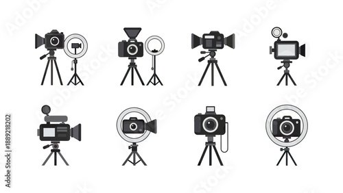 Camera and Video Equipment Set on Tripods