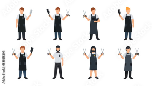 Barber Icons Set: Diverse Stylists with Tools