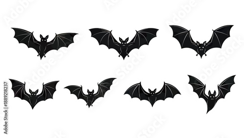 Collection of Flying Bats in Silhouette, Halloween Theme