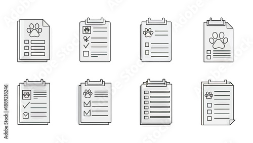 Set of Veterinary Medical Record Icons with Paw Prints