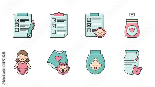 Baby Care Icons: Checklist, Bib, Jar, and Baby Face Vector Set