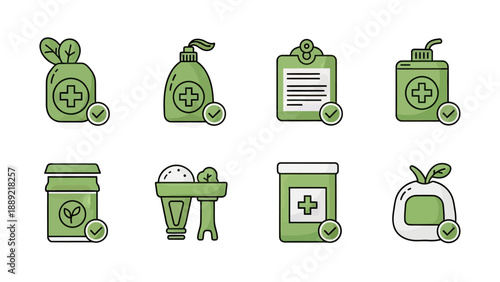 Green Healthcare Icons with Checkmarks
