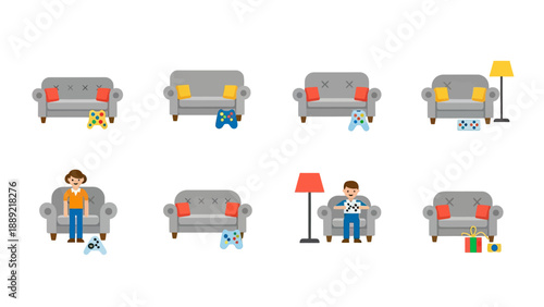 Modern Sofa with Gaming Accessories and People Vector Set