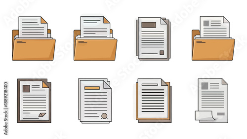 Folder and Document Icons: Office Paperwork and Data Management