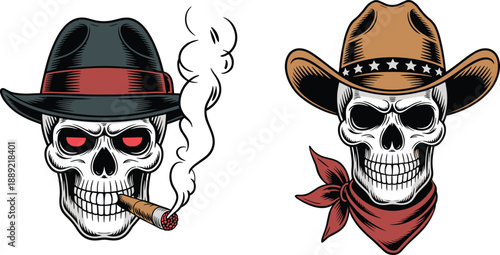 Vintage skull illustration set featuring gangster fedora cigar smoking skull and western cowboy hat skull vector design for t-shirt branding