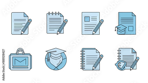 Education and Writing Icons: Graduation Cap, Notebook, Pencil, and Document