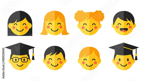 Diverse Happy Faces and Graduation Caps Flat Design Icons