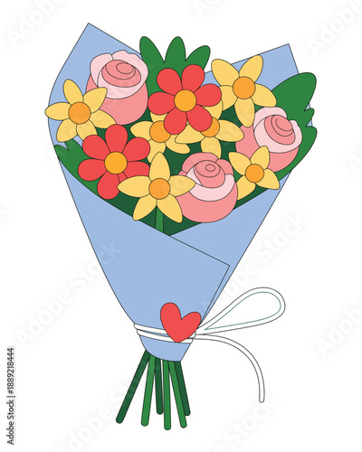 Charming illustration of a vibrant flower bouquet, wrapped in blue with a heart, perfect for gifting and celebrating special moments