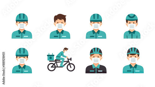 Diverse People Wearing Face Masks and Delivery Cyclist Icon Set