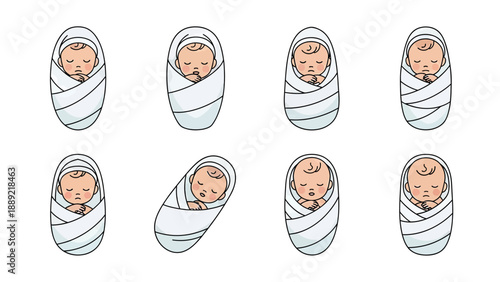 Cute Newborn Babies Wrapped in Swaddling Clothes, Diverse Poses
