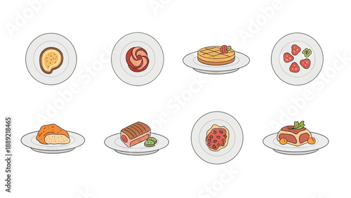 Collection of Italian Cuisine Dishes on Plates, Vector Illustration