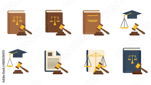 Law and Justice Icons: Gavel, Scales, Books, and Diploma