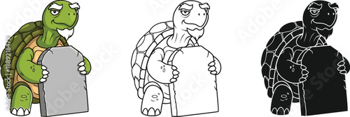 Three cartoon turtles holding signs in different color styles