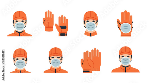 Worker Safety Icons: Masked Person & Gloves Set