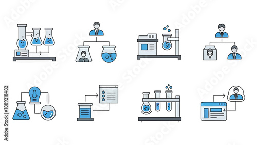 Science and Research Icons: Laboratory Experiments and Data Analysis