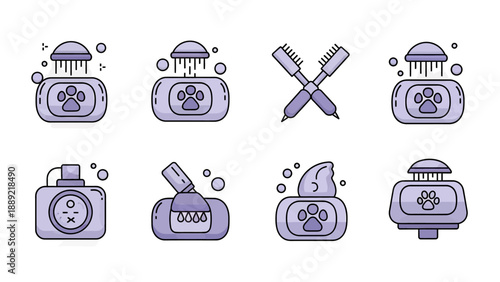 Pet Grooming Icons Set: Bath, Brush, Dental Care, Wipes, Poo Bag