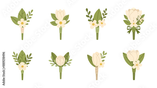 Elegant Boutonniere Collection with White Flowers and Green Leaves