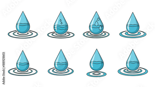 Set of Blue Water Droplets with Ripples