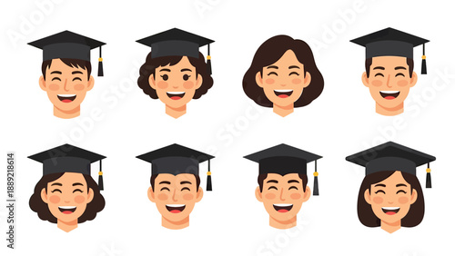 Happy Graduates Diverse Faces in Graduation Caps Vector Illustration