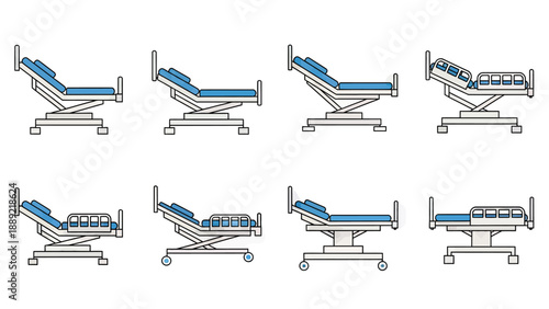 Hospital Bed Adjustments Set, Medical Equipment Flat Design Icons