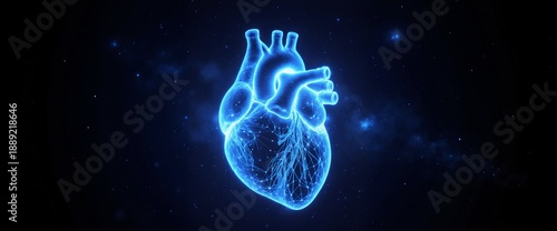 Digital holographic human heart with glowing blue wireframe structure and light effects on dark cosmic background for medical technology concepts