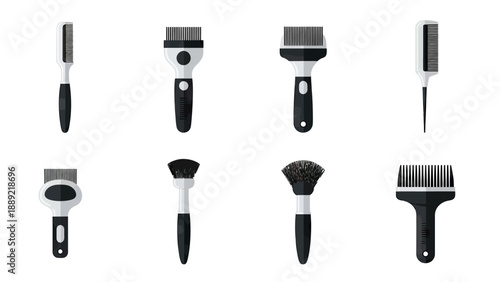Set of Various Hairdressing Brushes and Combs Flat Design