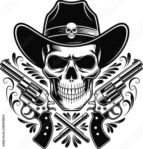 Western outlaw skull illustration with cowboy hat and crossed revolvers, bold monochrome vintage style vector artwork for tattoos, logos, apparel