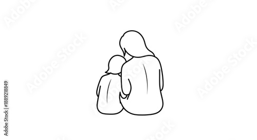 Simple line drawing of a mother and child sitting together.