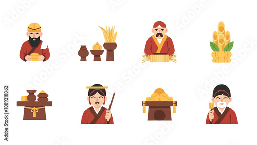 Ancient East Asian Culture Icons: Figures and Offerings
