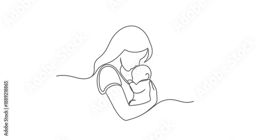Continuous line drawing of a mother holding her baby close.