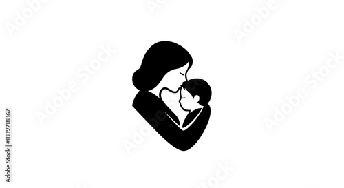 Mother holding baby in a simple black silhouette.