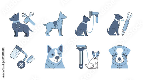 Dog Vet Icons Set: Equipment and Pups