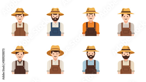 Set of Diverse Farmers with Straw Hats and Overalls