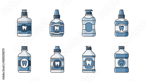 Collection of Mouthwash Bottles, Dental Care Icons