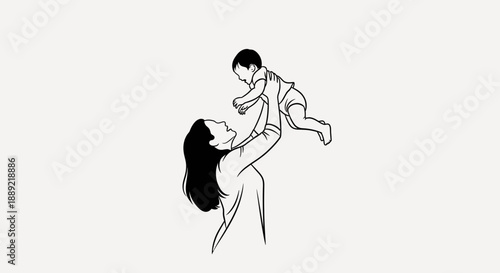 Mother playfully lifting her baby in the air with joy and love.