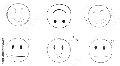 Simple Sketch Faces for Social Media, Feedback Icons, Mental Health Concept Art. Minimalist Line Art Emoticons, Black and White Vector Doodle Faces