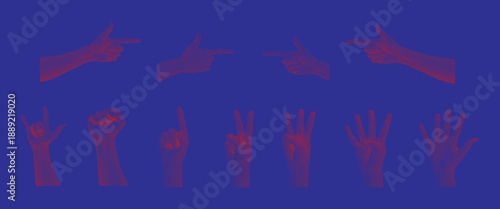 Set of hand gesture silhouettes in red halftone texture on blue background, retro pop art style.