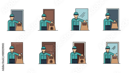 Delivery person at door with food package, multiple icons