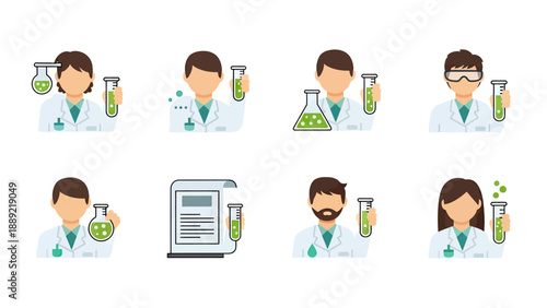 Scientists with Test Tubes and Flasks, Science Lab Icons