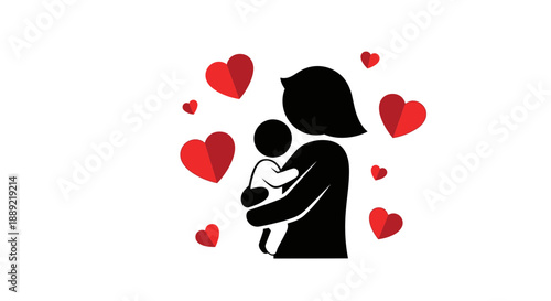 Mother holding baby surrounded by red hearts.