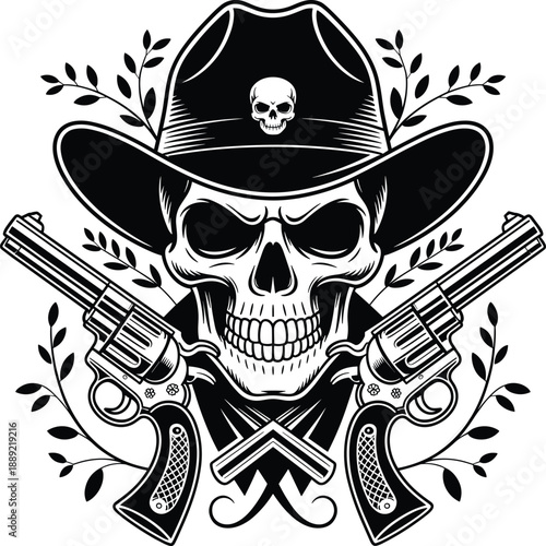 Western skull illustration with cowboy hat, crossed revolvers and decorative leaves, bold monochrome outlaw style vector design for tattoo, logo, apparel