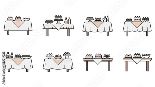 Dessert Buffet Table Icons: Cakes, Pastries, and Drinks